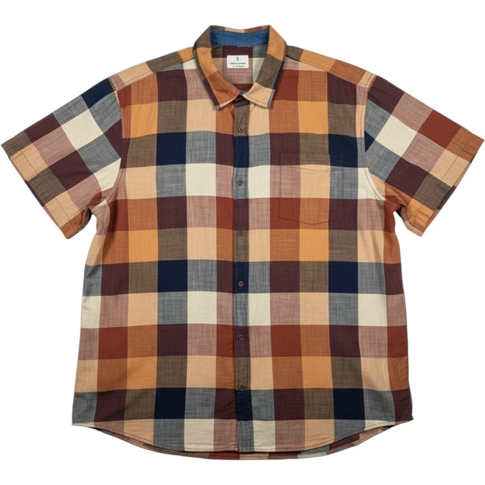 Mutual Weave Plaid Button Down Shirt Men's 3XL Orange Brown Short Sleeve 70807-3